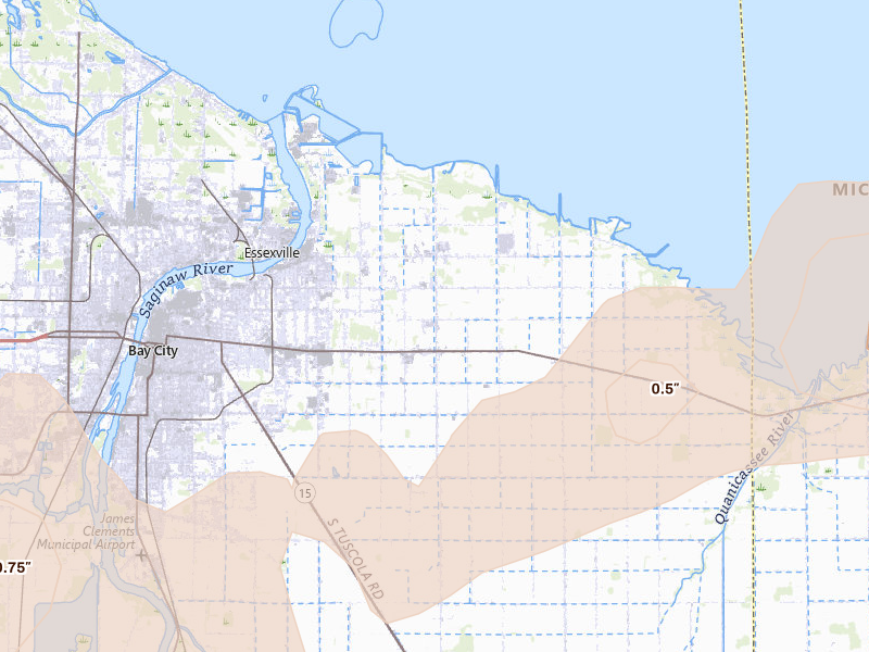 Radar-estimated hail-size map of the storm over Essexville, MI on May 17, 2026