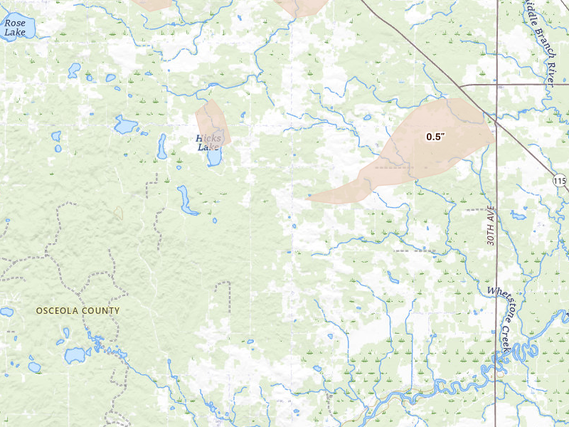 Radar-estimated hail-size map of the storm over Evart, MI on Mar 30, 2026