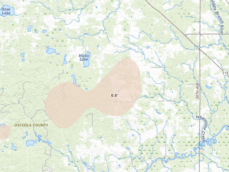 Radar-estimated hail-size map of the storm over Evart, MI on Jul 1, 2026