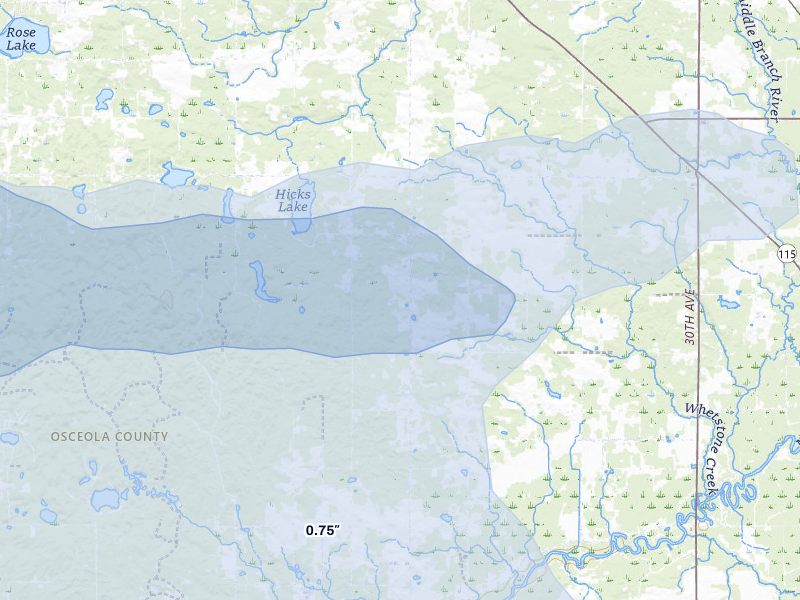 NEXRAD radar-signature map of the hail storm over Evart, MI on Jul 1, 2026