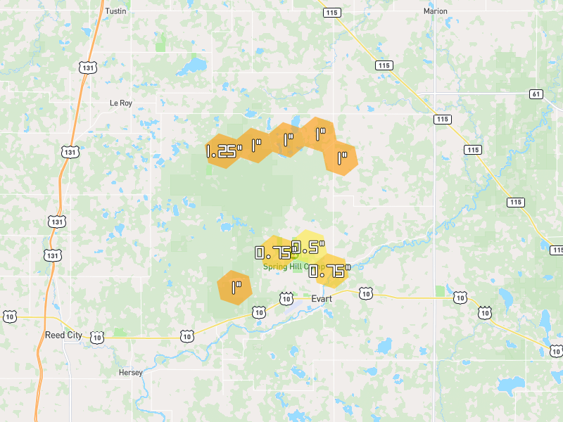 Hail map of Evart, MI on Jul 1, 2026, hail up to 1.25"