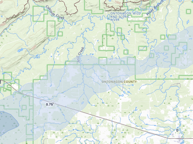NEXRAD radar-signature map of the hail storm over Ewen, MI on Jun 29, 2026