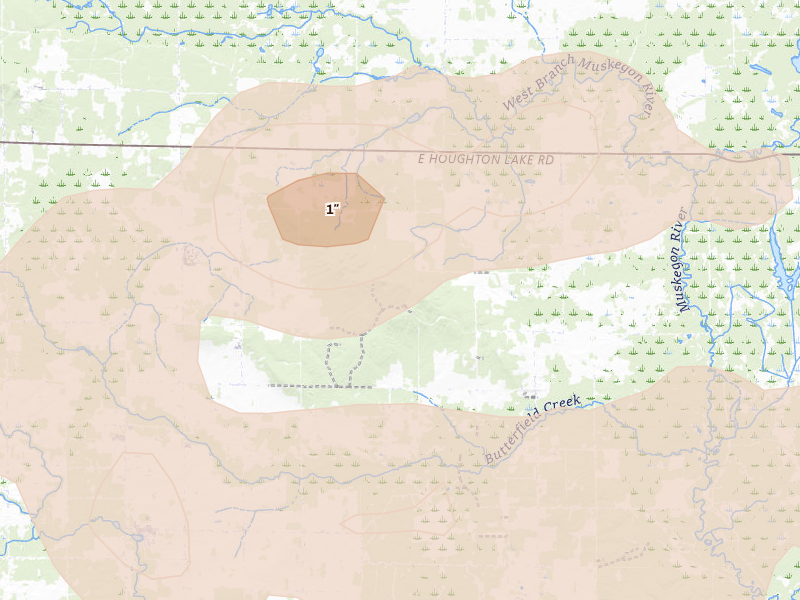 Radar-estimated hail-size map of the storm over Falmouth, MI on Mar 30, 2026