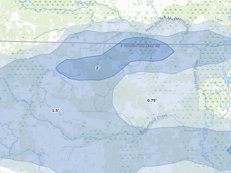 NEXRAD radar-signature map of the hail storm over Falmouth, MI on Mar 30, 2026