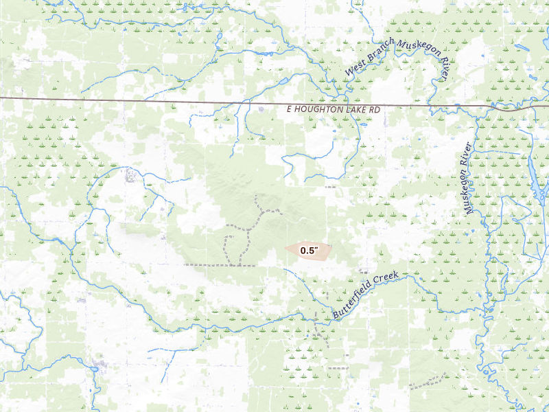 Radar-estimated hail-size map of the storm over Falmouth, MI on Jun 25, 2026