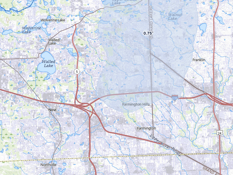 NEXRAD radar-signature map of the hail storm over Farmington, MI on May 15, 2026