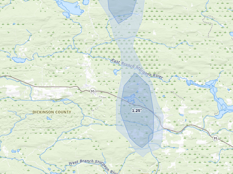 NEXRAD radar-signature map of the hail storm over Felch, MI on May 17, 2026
