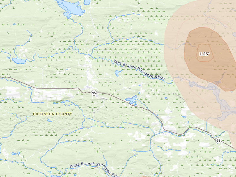 Radar-estimated hail-size map of the storm over Felch, MI on Jul 12, 2026