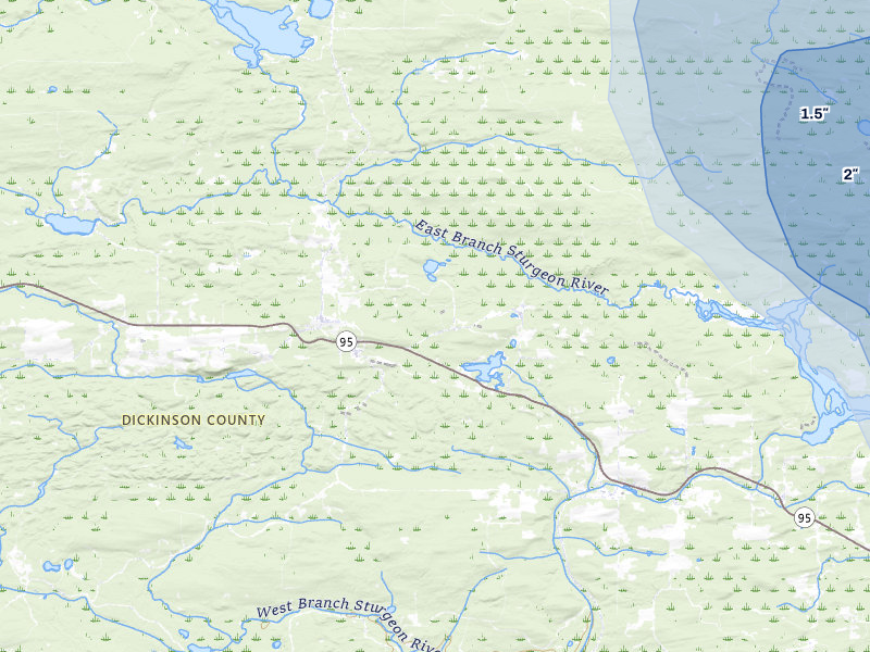 NEXRAD radar-signature map of the hail storm over Felch, MI on Jul 12, 2026