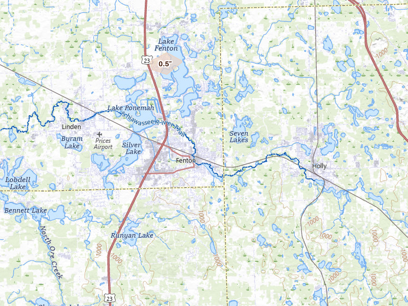 Radar-estimated hail-size map of the storm over Fenton, MI on Jun 10, 2026