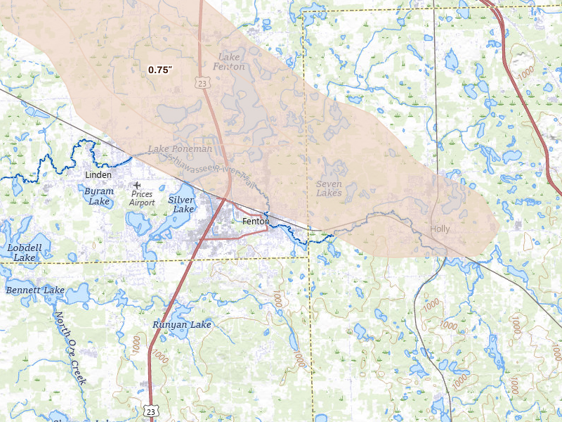 Radar-estimated hail-size map of the storm over Fenton, MI on Jul 15, 2026