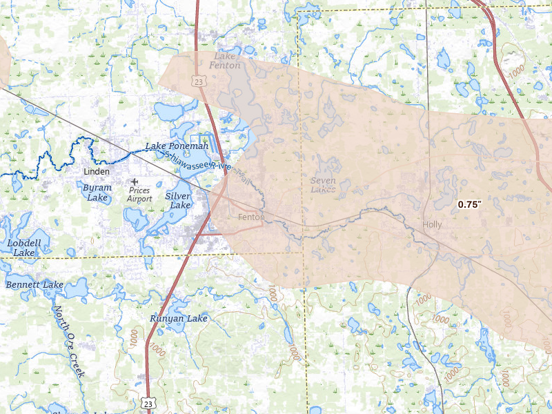 Radar-estimated hail-size map of the storm over Fenton, MI