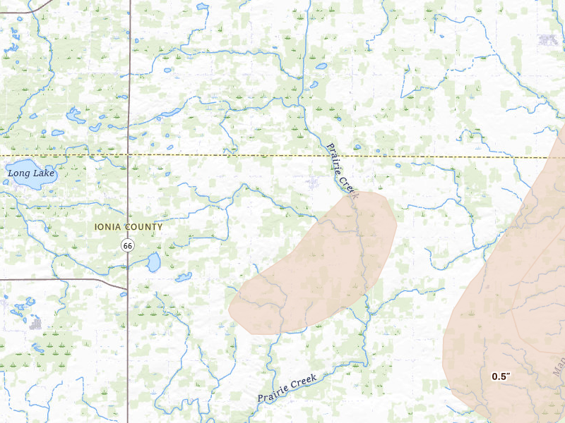 Radar-estimated hail-size map of the storm over Fenwick, MI on Mar 10, 2026