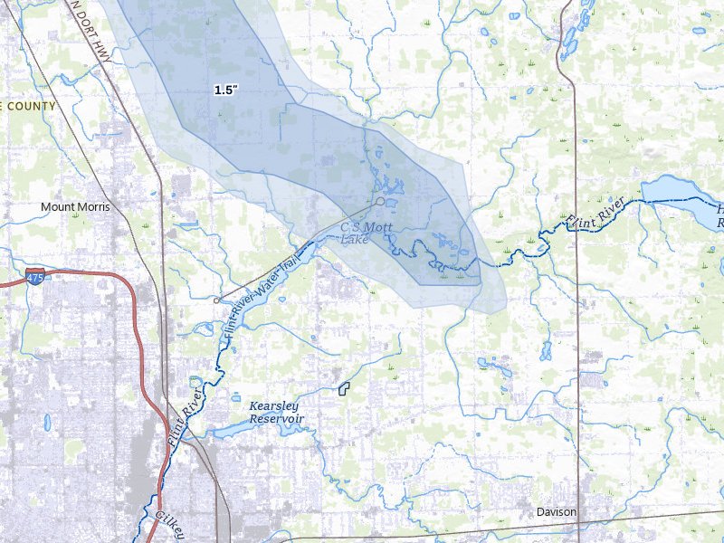 NEXRAD radar-signature map of the hail storm over Flint, MI on Jul 21, 2026