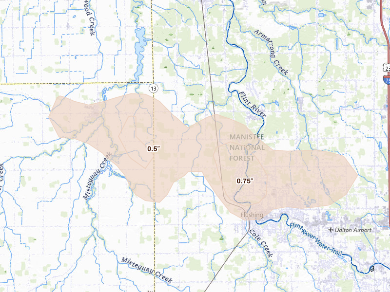 Radar-estimated hail-size map of the storm over Flushing, MI on Sep 1, 2026