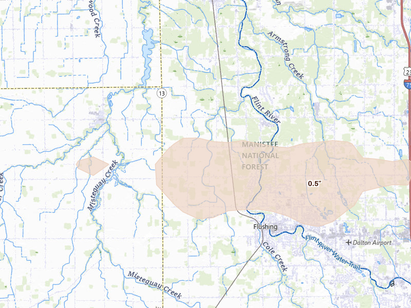 Radar-estimated hail-size map of the storm over Flushing, MI on Sep 3, 2026