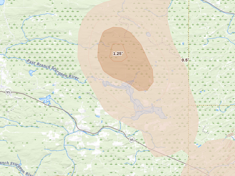 Radar-estimated hail-size map of the storm over Foster City, MI on Jul 12, 2026