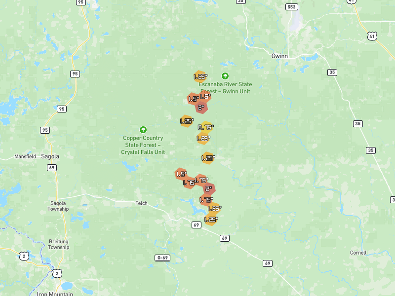 Hail map of Foster City, MI on Jul 12, 2026, hail up to 2"