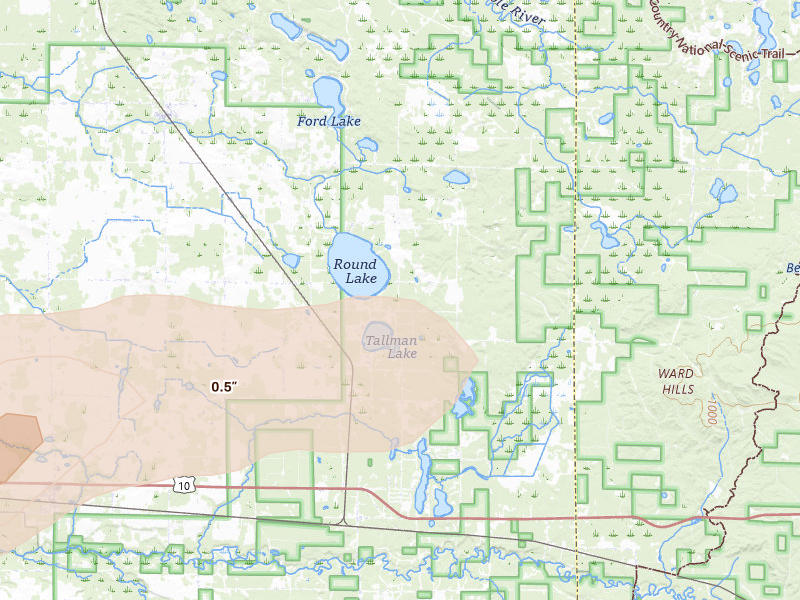 Radar-estimated hail-size map of the storm over Fountain, MI on Jul 1, 2026