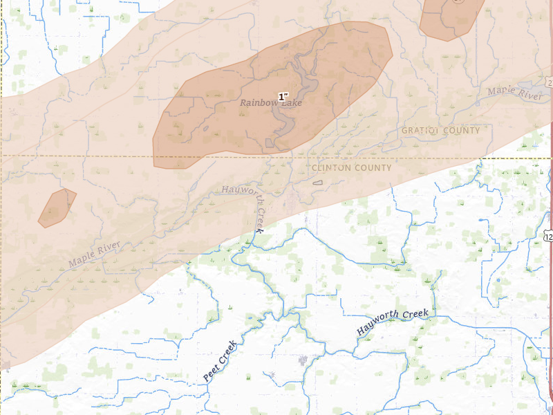 Radar-estimated hail-size map of the storm over Fowler, MI on Mar 10, 2026