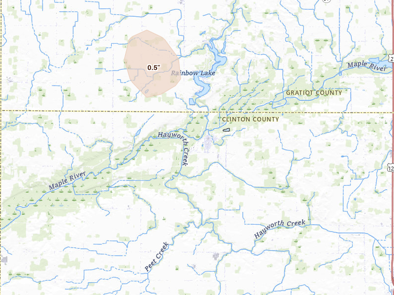 Radar-estimated hail-size map of the storm over Fowler, MI on Sep 1, 2026