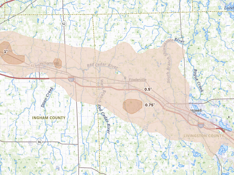 Radar-estimated hail-size map of the storm over Fowlerville, MI on Sep 2, 2026