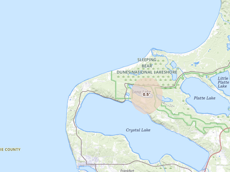 Radar-estimated hail-size map of the storm over Frankfort, MI on Aug 18, 2026