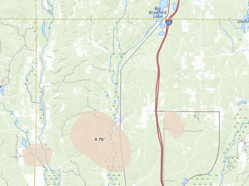 Radar-estimated hail-size map of the storm over Frederic, MI on Mar 30, 2026