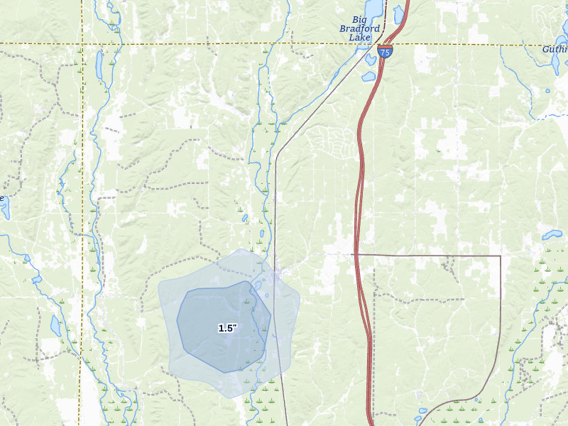 NEXRAD radar-signature map of the hail storm over Frederic, MI on Mar 30, 2026
