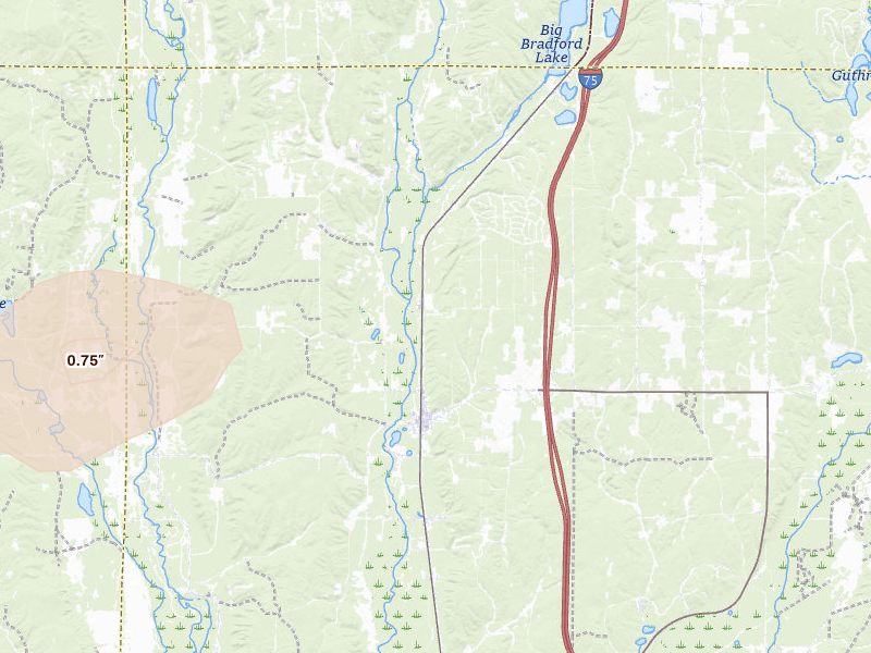 Radar-estimated hail-size map of the storm over Frederic, MI on Jul 1, 2026