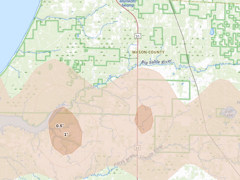 Radar-estimated hail-size map of the storm over Free Soil, MI on Mar 30, 2026