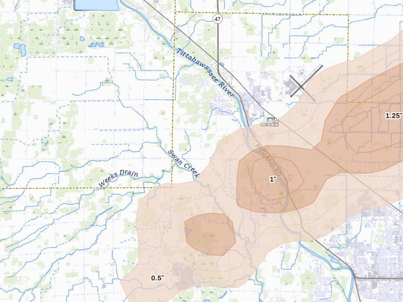 Radar-estimated hail-size map of the storm over Freeland, MI on May 17, 2026