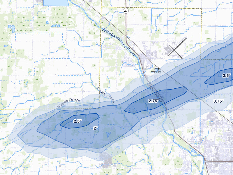 NEXRAD radar-signature map of the hail storm over Freeland, MI on May 17, 2026