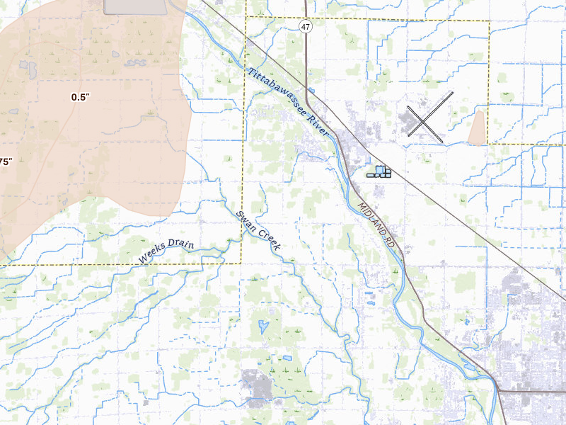Radar-estimated hail-size map of the storm over Freeland, MI on Jun 16, 2026
