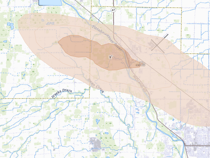 Radar-estimated hail-size map of the storm over Freeland, MI on Jun 25, 2026