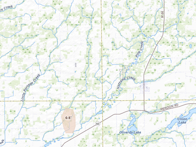 Radar-estimated hail-size map of the storm over Fulton, MI on Jan 30, 2026