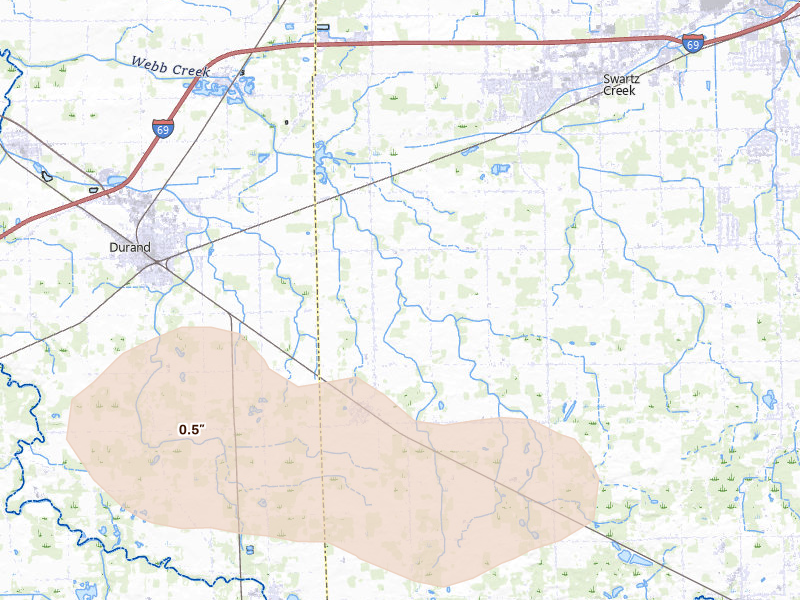 Radar-estimated hail-size map of the storm over Gaines, MI on Sep 3, 2026