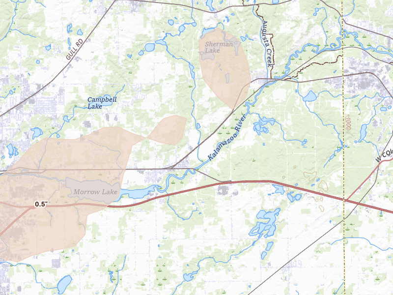Radar-estimated hail-size map of the storm over Galesburg, MI on Jul 3, 2026