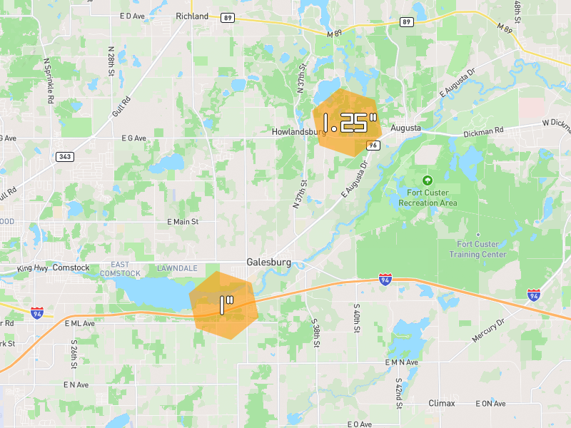 Hail map of Galesburg, MI on Jul 3, 2026, hail up to 1.25"