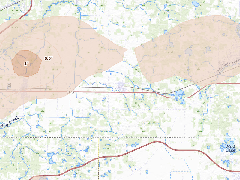 Radar-estimated hail-size map of the storm over Galien, MI on Aug 9, 2026