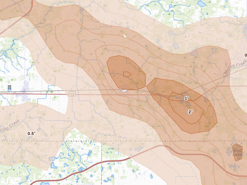 Radar-estimated hail-size map of the storm over Galien, MI on Aug 10, 2026