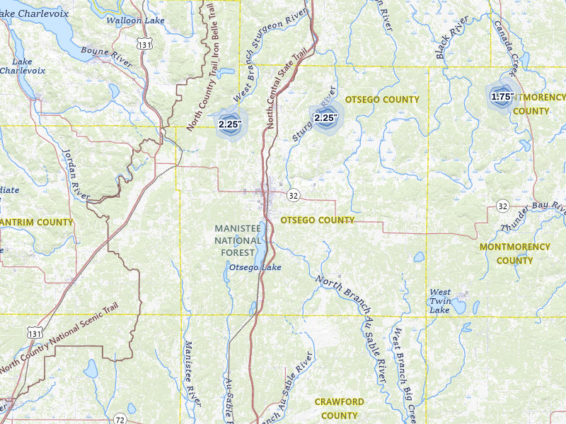NEXRAD radar-signature map of the hail storm over Gaylord, MI on May 18, 2026