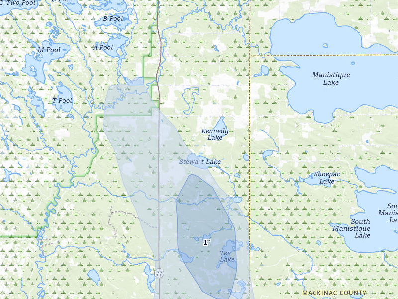 NEXRAD radar-signature map of the hail storm over Germfask, MI on Jul 12, 2026