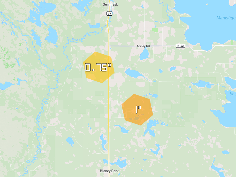 Hail map of Germfask, MI on Jul 13, 2026, hail up to 1"