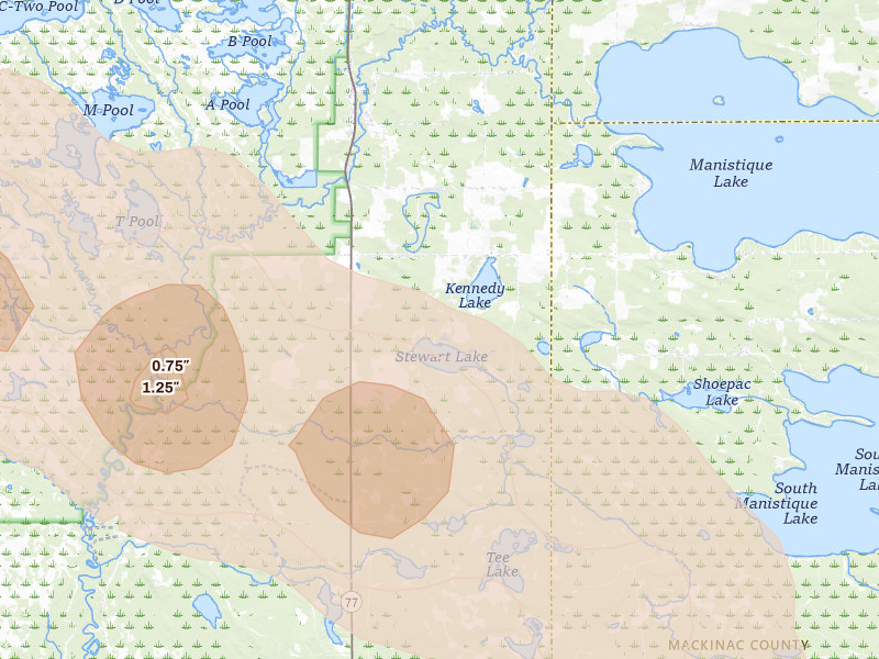 Radar-estimated hail-size map of the storm over Germfask, MI on Jul 17, 2026