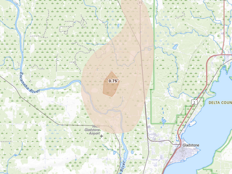 Radar-estimated hail-size map of the storm over Gladstone, MI on Jul 12, 2026