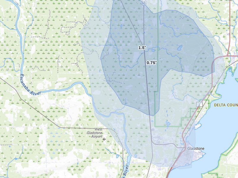 NEXRAD radar-signature map of the hail storm over Gladstone, MI on Jul 12, 2026