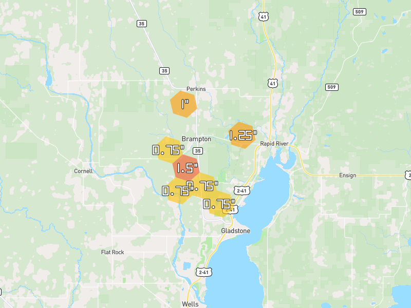 Hail map of Gladstone, MI on Jul 12, 2026, hail up to 1.5"