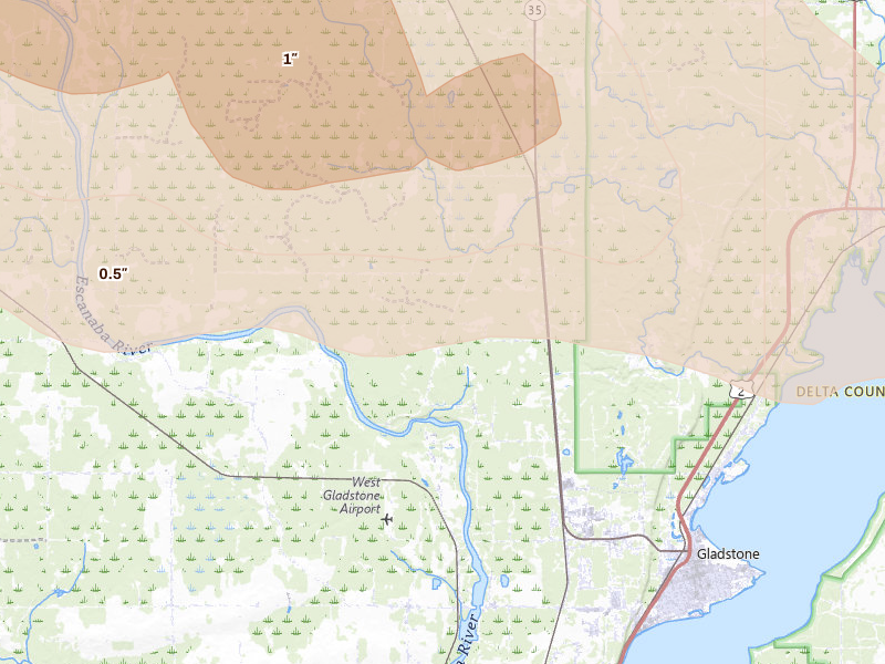 Radar-estimated hail-size map of the storm over Gladstone, MI on Jul 20, 2026