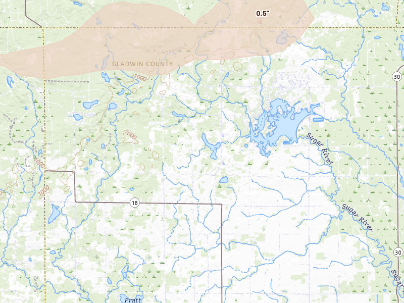 Radar-estimated hail-size map of the storm over Gladwin, MI on Mar 30, 2026